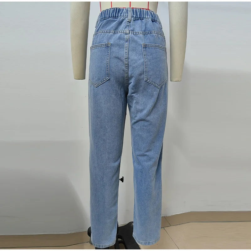 Calça jeans feminina moderna de cintura alta com perna reta e design chique de contas cravejadas, calça feminina casual e moderna de rua