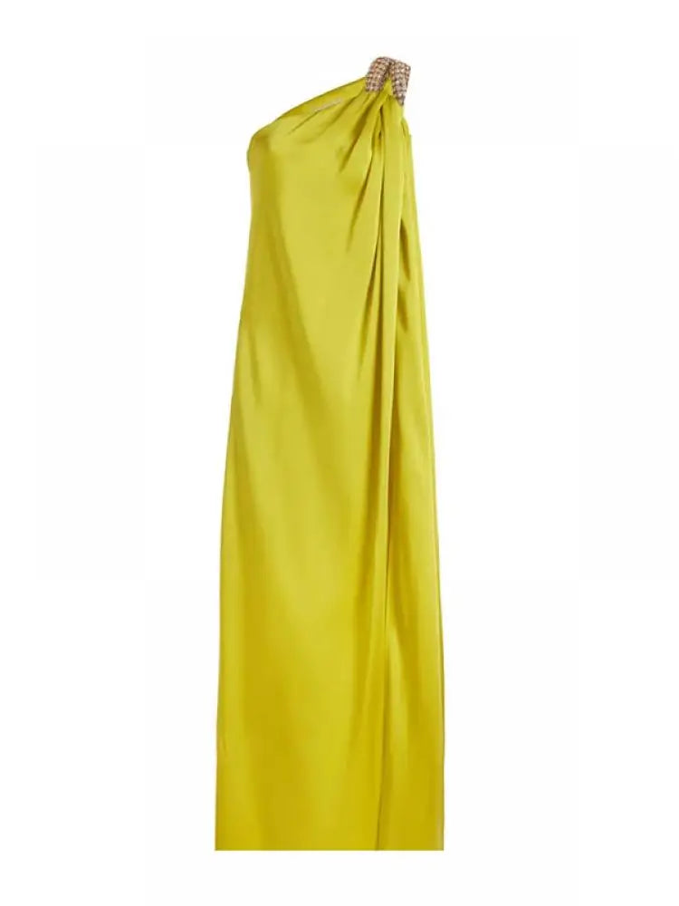 Vestido de noite elegante feminino Freeacy Loose Fit, cor sólida, amarelo, um ombro só, cintura alta, corte H, fenda lateral, vestido longo