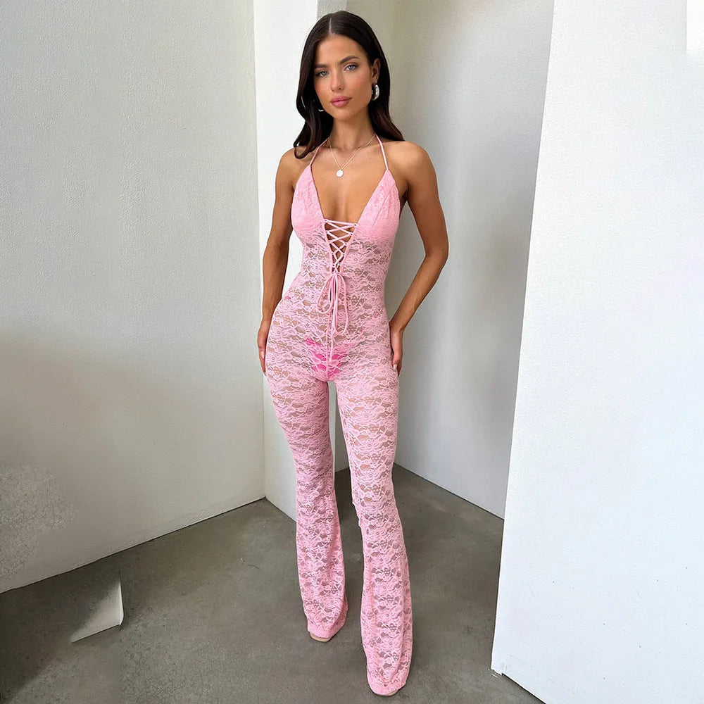 Women's New Sexy Fashion Hollow-Out Lace See-Through Backless Halter Slim Jumpsuit