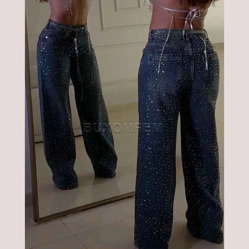 Women's Wide Leg Loose Jeans Drilled Straight Leg Pants 2025 Stylish Baggy Trousers Ladies Fashion Y2K Streetwear Outfit Bottoms