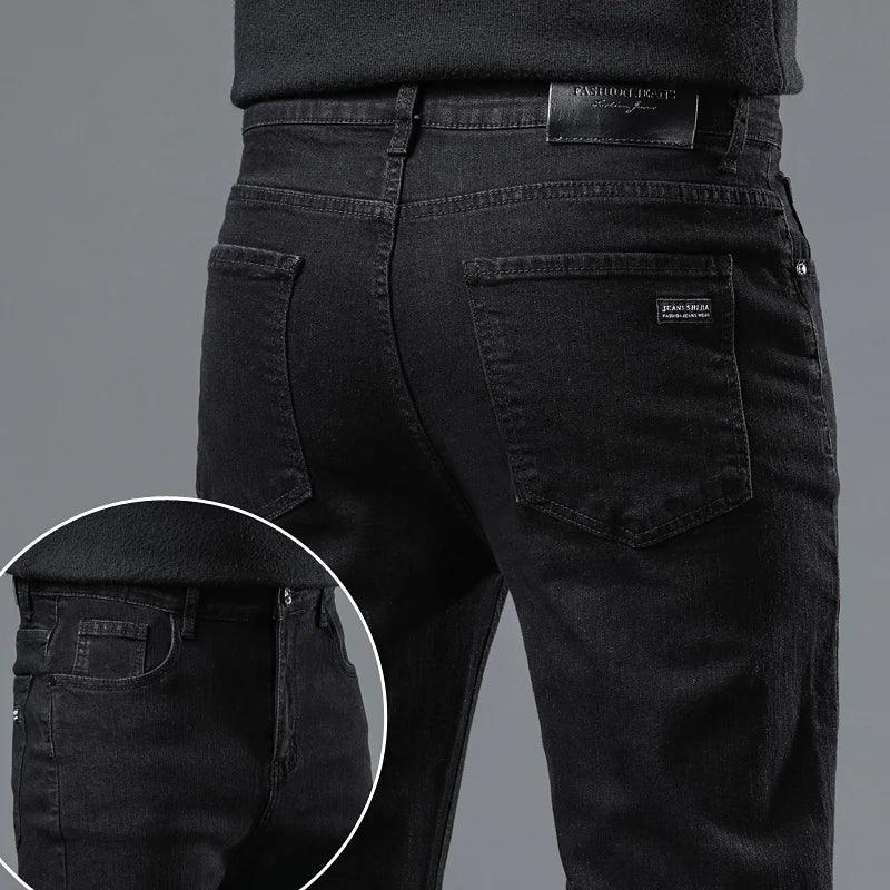 Calça jeans masculina preta pura, versão moderna, corte reto, calça jeans clássica elástica confortável para negócios, marca de jeans - CRAVO ROSE