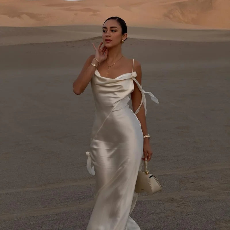 Elegant Solid Color Camisole Slim Fit Long Dress Woman Fashion Splicing Pleated Lace Up Dresses Chic Ladies Holiday Beach Skirt