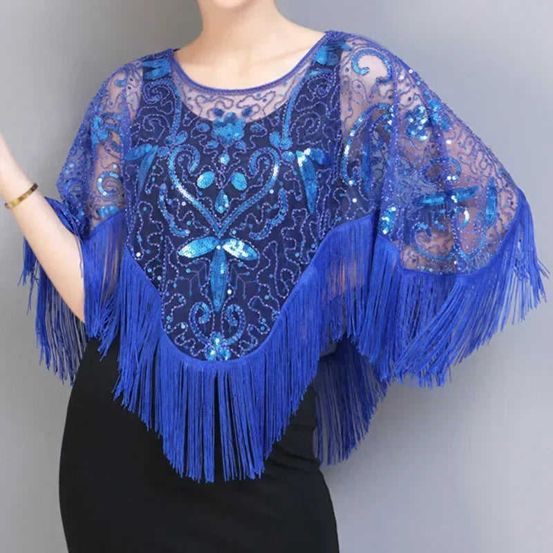 Summer Sequins Tassels Poncho Women Coat Party Outfits Cape Mesh Jacket Ladies Cloak Shawls Casaco Outerwear Wraps Woman Clothes