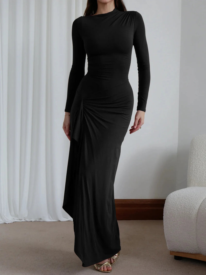 Elegant White Ruched Dresses Womens Long Sleeve Curvy Slit Evening Luxury Party Dress Winter Evening Black Gowns Red Prom Robe