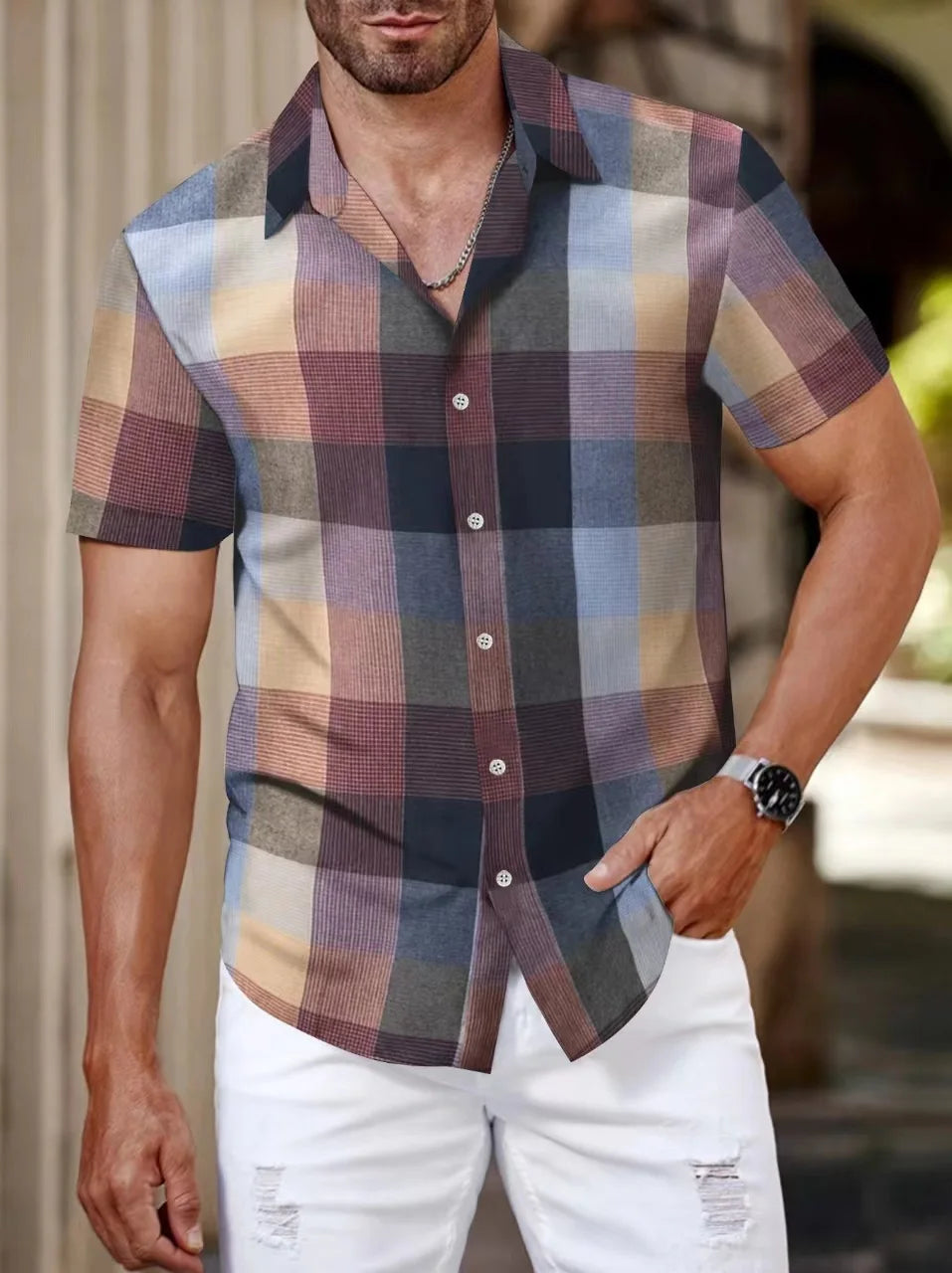 2024 Cross Border Amazon Summer New Plaid Shirt Summer Men's Short Sleeve Lapel Youth Casual Short Sleeve Men's Shirt