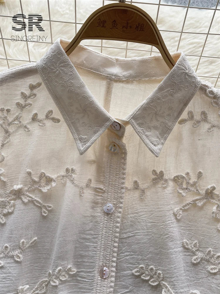 Camisa solta bordada SINGREINY feminina elegante retrô com lapela sólida manga comprida blusa feminina de alta qualidade moda verão