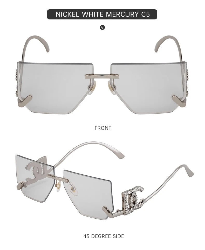 Óculos de sol quadrados sem aro punk femininos, armação de metal, design de marca de luxo, óculos retrô para mulheres, proteção UV400, 2025