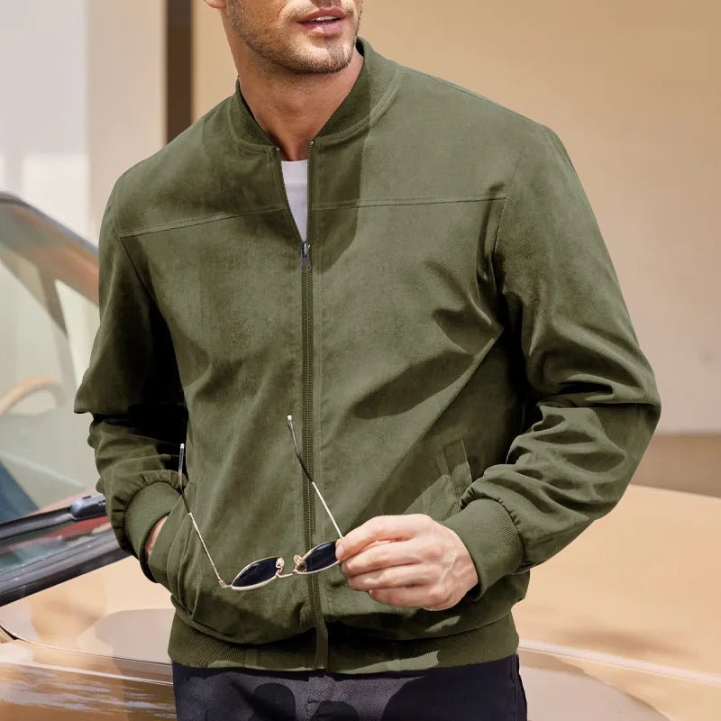 Men's Business Casual Suede Jacket Zipper Collar Warm Sporty Outerwear Polyester Fabric Long Sleeve round Hem Knitted Sleeve