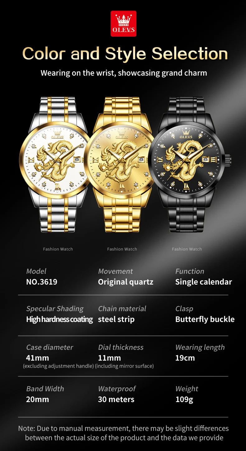 OLEVS Men's Watches Top Brand Fashion Original Quartz Watch for Man China Loong Dragon Dial Waterproof Luminous Date Olevs 3619