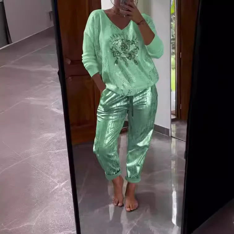 Women Two-piece Set Spring Long Sleeves Bronzing Loose Glossy Top Elastic Waist Pockets Trousers Pants Set Casual Sport Outfit