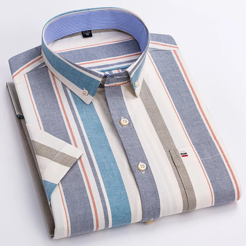 Men's Pure Cotton Oxford Short Sleeve Summer Casual Shirts Comfortable Standard-fit Button-down Plaid Solid Color Cotton Shirt