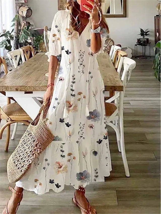 Women's 2024 Spring Summer New Casual Sweet Loose Sexy V-neck Fashion Printed Hanging Beard Middle Sleeve Long Dress For Women