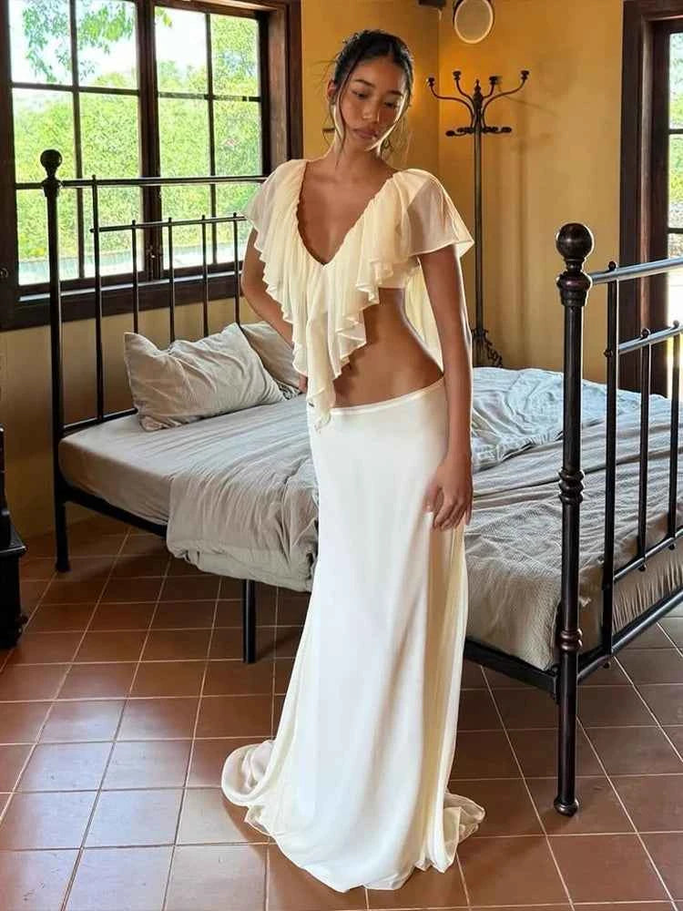 Weird Puss Patchwork Summer 2-Piece Set Women v-Neck Ruffles Crop Tops+Elastic Waist Simple Skitrts Solid Vacation Elegant Suit