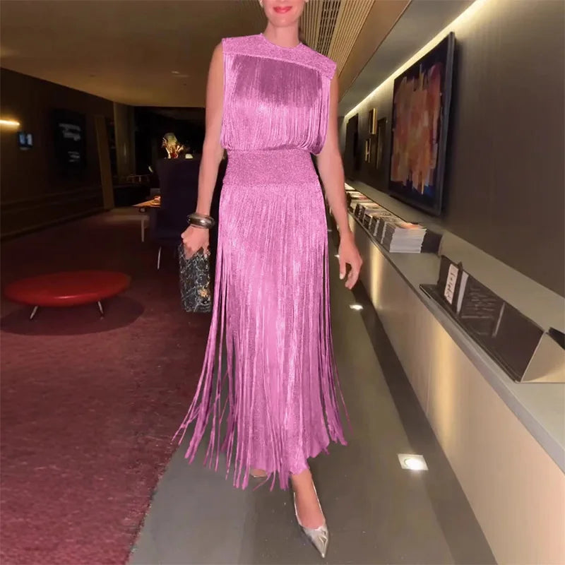 Elegant Tassel Maxi Dress Women Slim Spring Summer O-neck Shine Ankle-length Dresses Lady Sleeveless Solid Robe Female Party