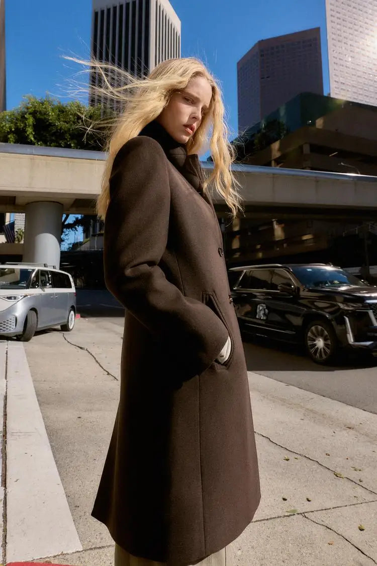 Winter New Women's Casual Long Sleeve Notch Collar Soft Shoulder Padded Coat Outerwear Polyester Fiber Straight Tube Type