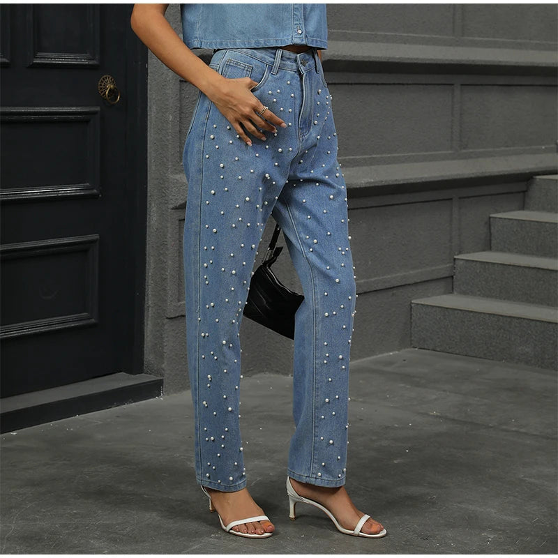 Calça jeans feminina moderna de cintura alta com perna reta e design chique de contas cravejadas, calça feminina casual e moderna de rua