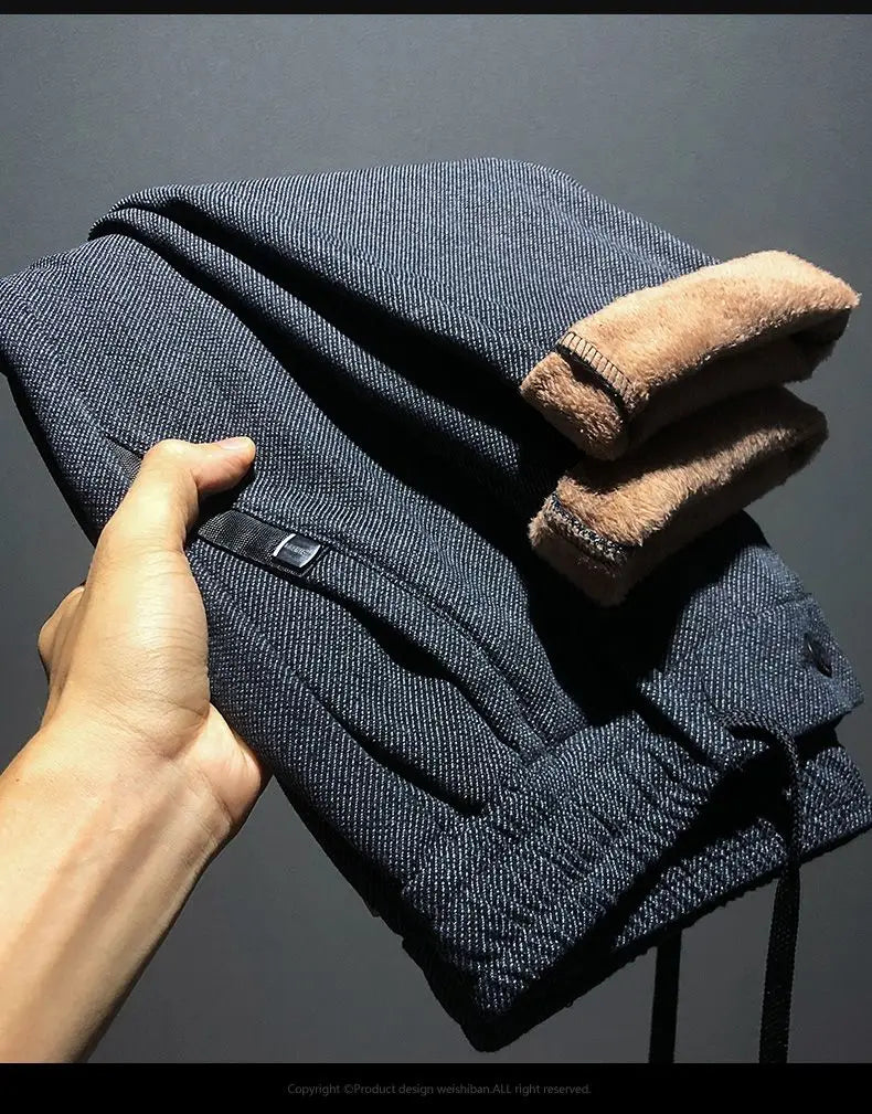 Korean Fashion Fleece Plush Mens Casual Full Length Elastic Waist Autumn and Winter Thickened Drawstring Sports Joggers Trousers