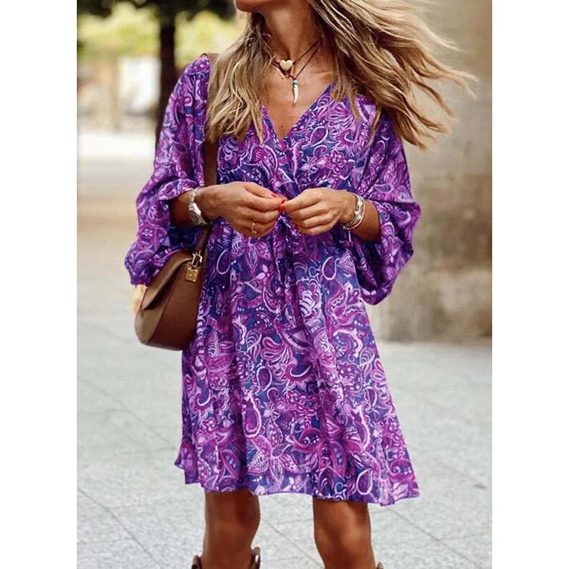 Vestido feminino com estampa floral, vintage, para trabalho, decote em V, elegante, plissado, paisley, manga bufante, babados, vestido casual