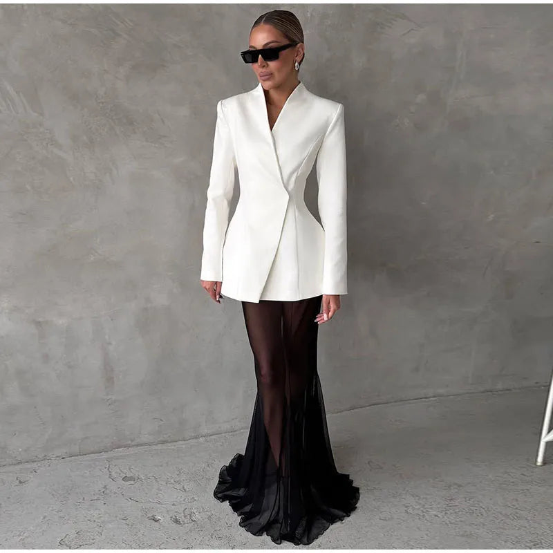Conjunto elegante de blazer e saia sólida feminino, slim, com um botão, jaqueta plissada, transparente, saia rabo de peixe