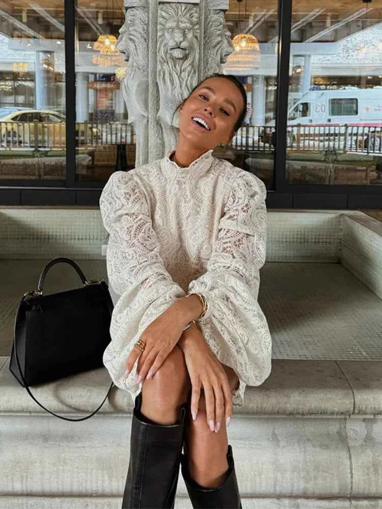 Elegant Lace Hollow Out Mini Dress Women Long Sleeve Designs Chic High Neck Short Vestidos 2026 Trendy Spring Club Night Gown