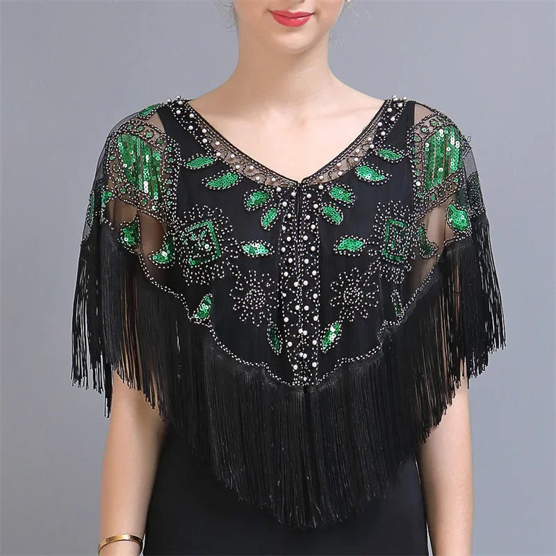 Summer Sequins Tassels Poncho Women Coat Party Outfits Cape Mesh Jacket Ladies Cloak Shawls Casaco Outerwear Wraps Woman Clothes