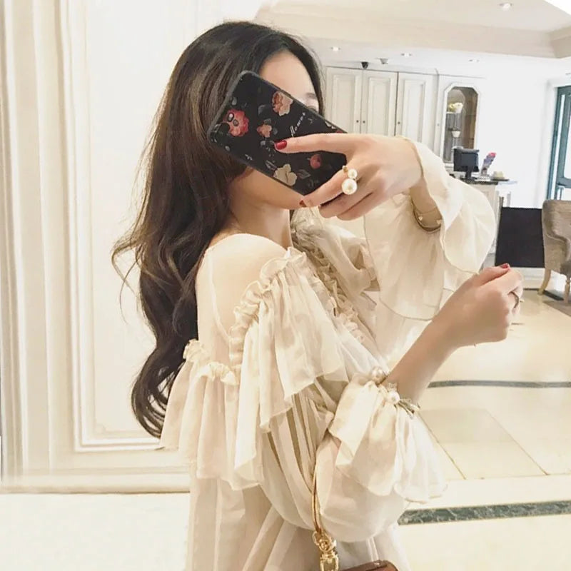 Blusa feminina sexy com decote em V, transparente, estilo boho, de malha, com babados, manga larga, elegante, peplum, com babados, blusa feminina 13459