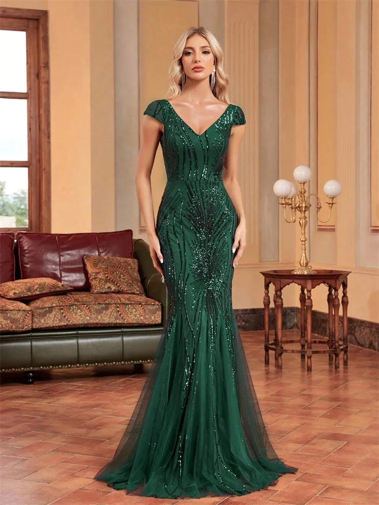 Luxury Cap sleeve V-neck Sequin Formal Evening Dress Women 2025 Elegant Mermaid Party Maxi Prom Arabia Cocktail Graduation Gowns