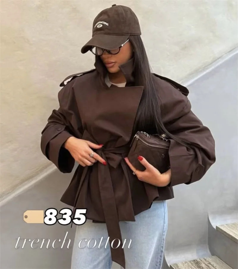 Women's Coat 2026 Spring New Style Solid Color Long Sleeve Belted Short Trench Coat European and American Personalized Fashion