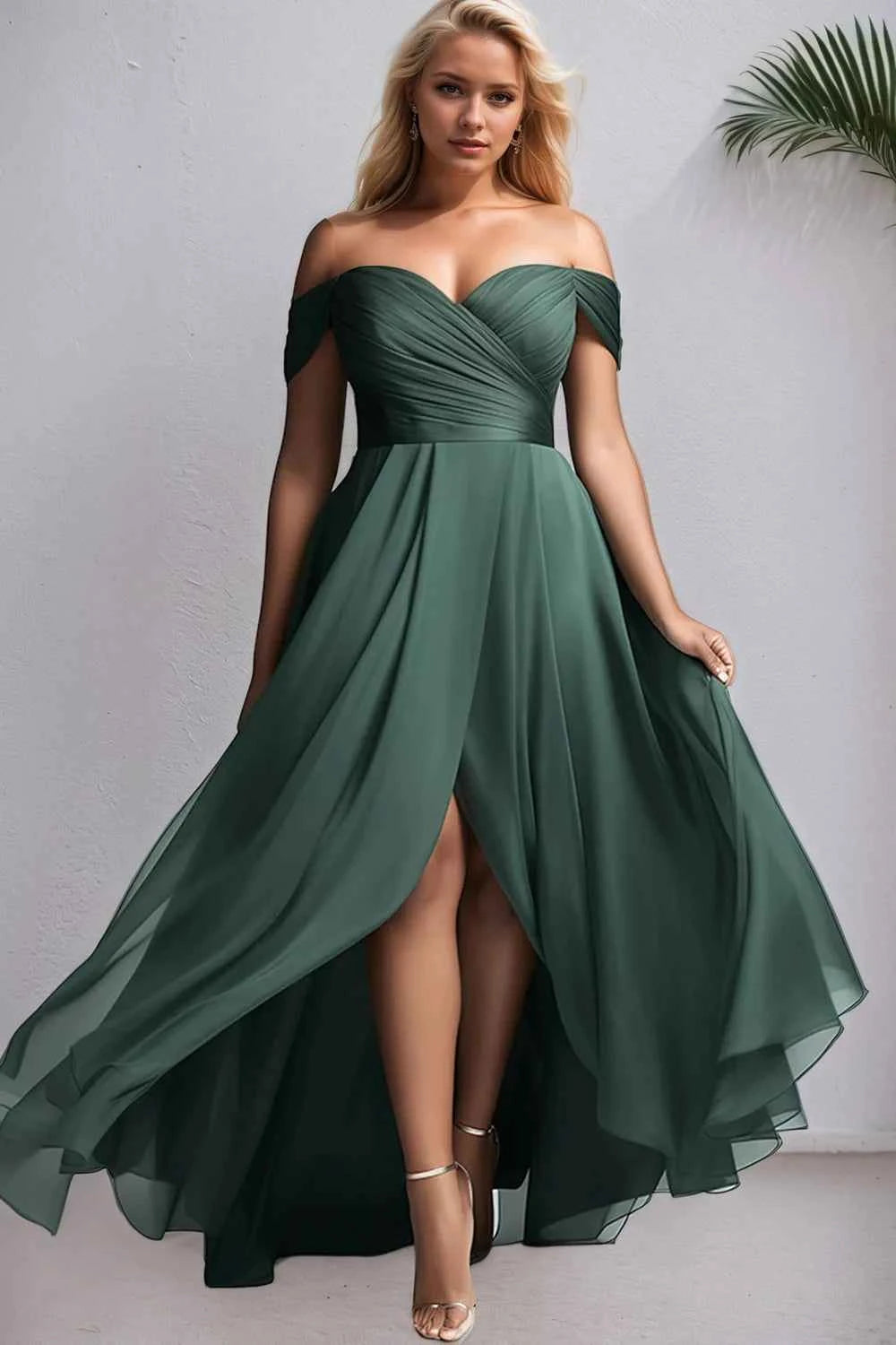 Plus Size Emerald Green Off Shoulder Maxi Dress Sweetheart Neck Ruched Bodice High Slit Chiffon Bridesmaid Evening Gown