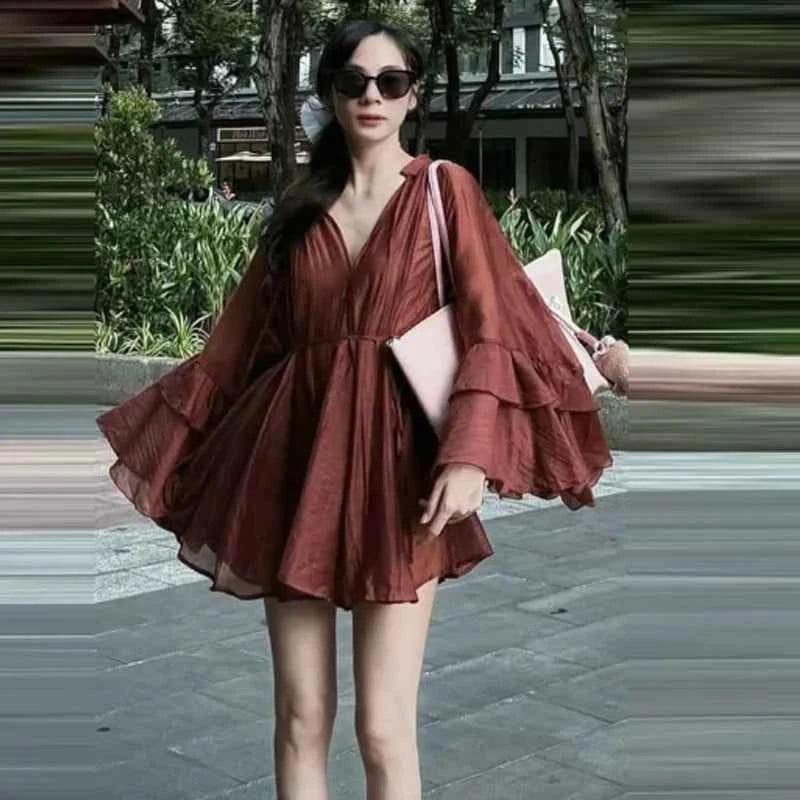 HXAO Woman 2025 Dress Ruffle Long Sleeve Mini Dress Summer Tie Fairy Short Dresses For Women Pleated Elegant Party Dresses 088