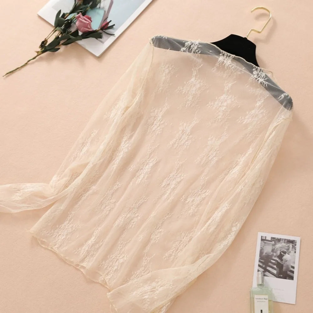 New Half High Collar Lace Shirt Transparent Perspective Long Sleeve Women Clothing Hollow Bottom Shirt Ladies