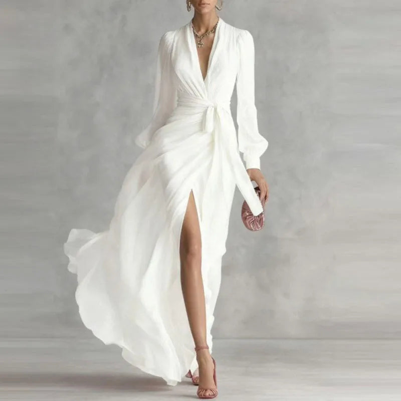 Elegant Deep V Neck Hollow Party Dresses Woman New Spring Wrap Tie Waist High Slit Long Dress Femme Solid Long Sleeve Maxi Dress