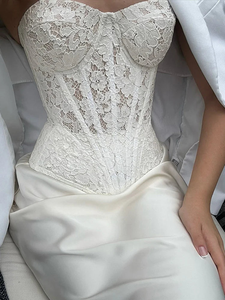 Conjuntos elegantes de renda e cetim com top e saia longa femininos, blusa justa e ombro de fora, robes femininos para festa de verão e noite