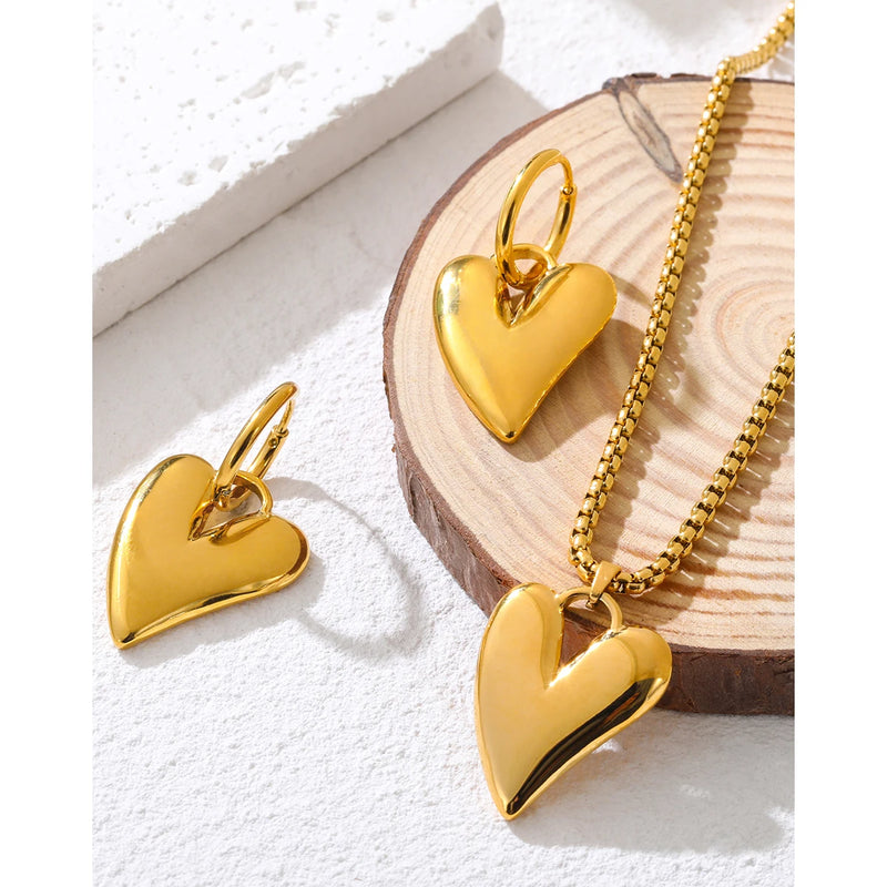 YACHAN 18K Gold Plated Stainless Steel Irregular Heart Necklace Earrings for Women Glossy Chic Waterproof Jewelry Set - CRAVO ROSE