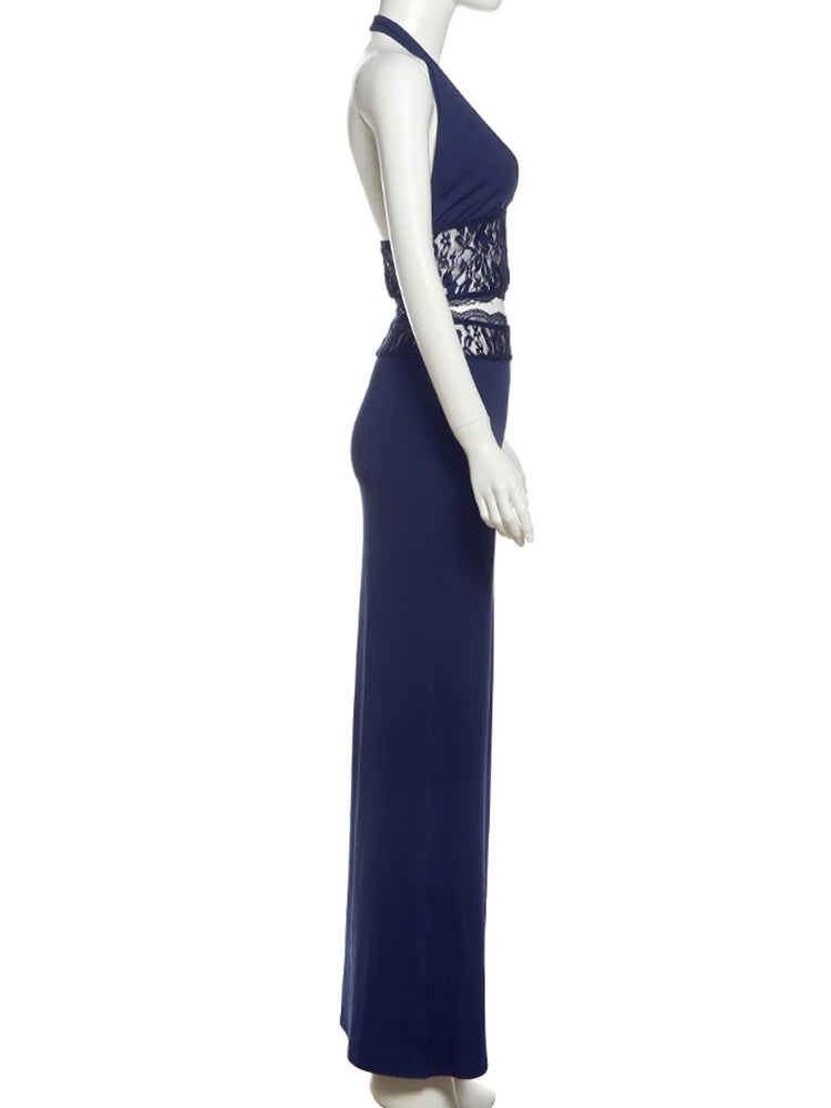kliou Lace Patchwork Women 2 Piece Set Halter Fashion Backless Sheer V-neck Tanks+Trim Matching Long Skirts Mujer Elegant Suits