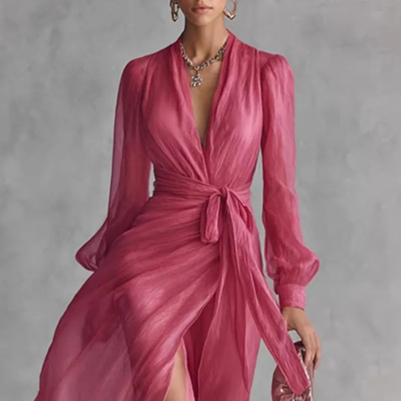 Elegant Deep V Neck Hollow Party Dresses Woman New Spring Wrap Tie Waist High Slit Long Dress Femme Solid Long Sleeve Maxi Dress