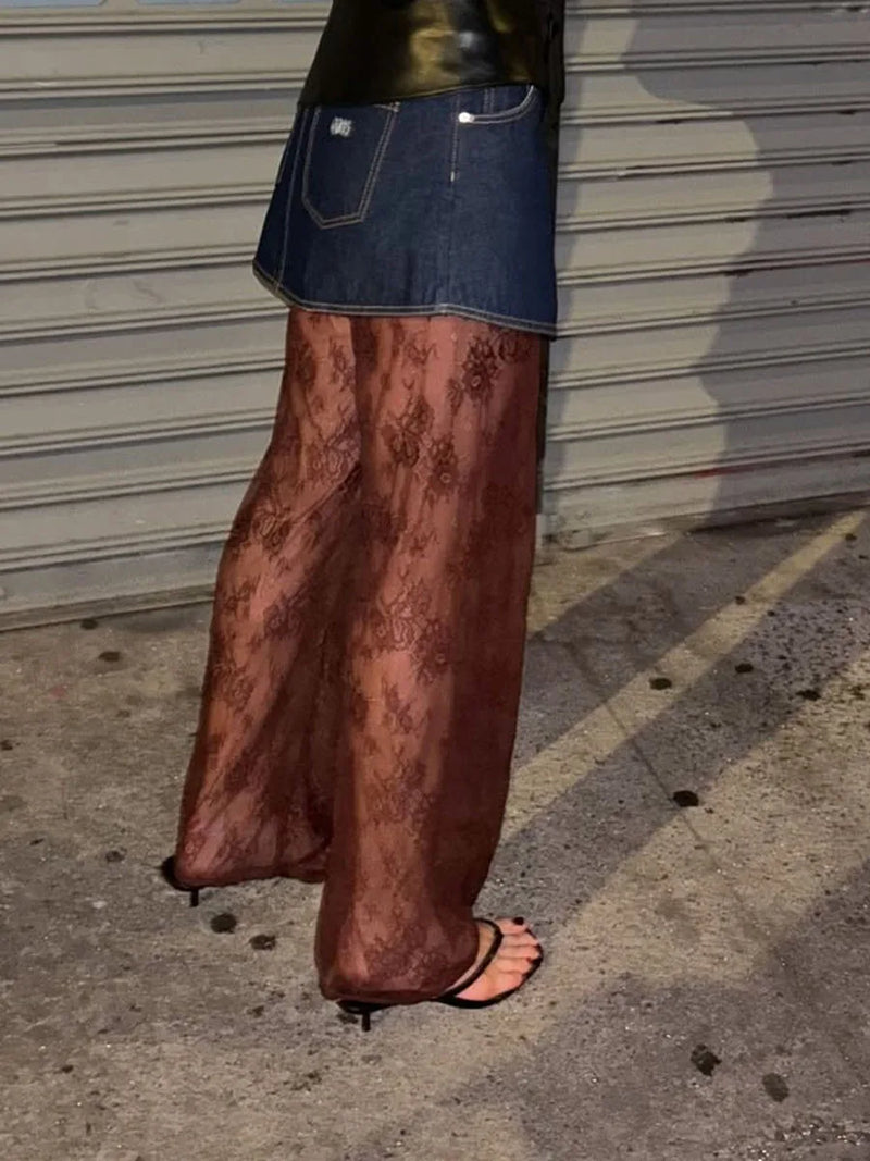 Calças boca de sino de renda, leggings flare sensuais transparentes, malha, tule
