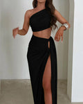 Ladies Spring 2 Pieces Sleeveless Backless Strap Spit Crop Top Side Slit Slim Fit Maxi Skirt Set Women Evening Party Clubwear