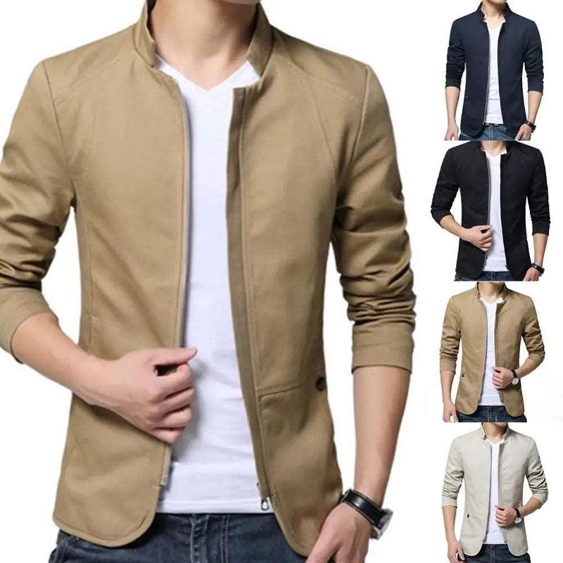 Blazer casual masculino outono cor sólida gola alta bolsos com zíper fino blazer casaco fino terno jaqueta blazer masculino