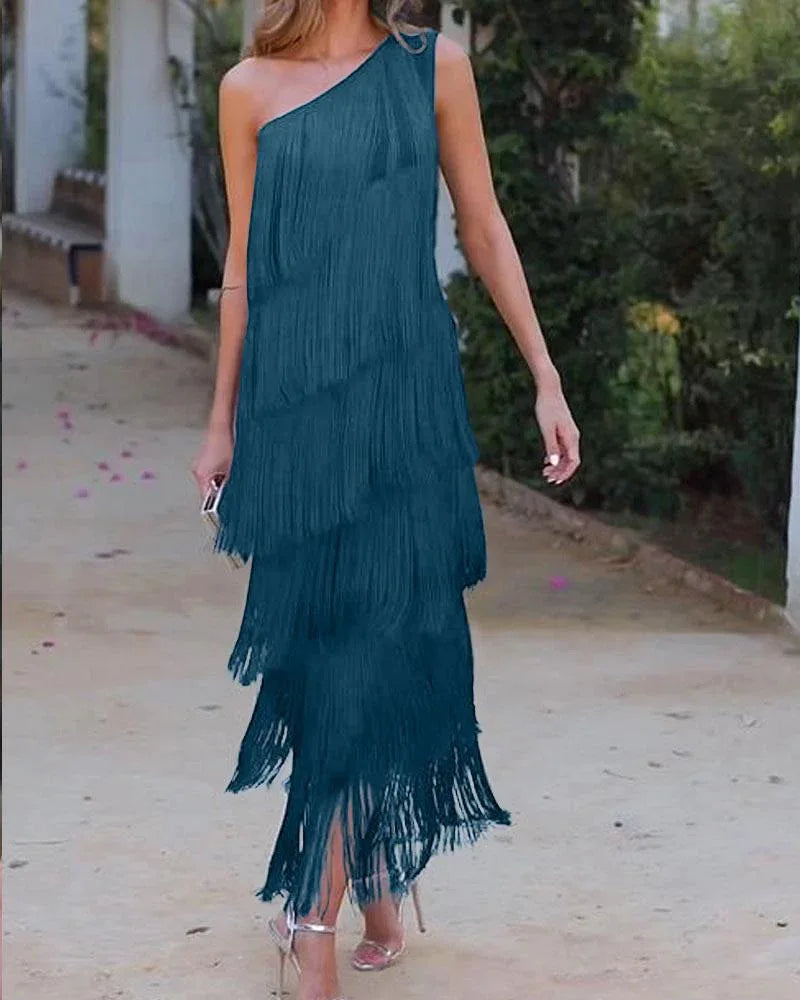 Elegant Asymmetric Slim Evening Dress Fashion Tassel Club Party Dress 2024 Lady Sexy Diagonal Collar Sleeveless Tank Long Dress