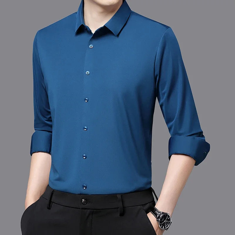 Camisa masculina premium ultraelástica - Camisa formal de manga comprida de seda de alta qualidade para uso social e casual