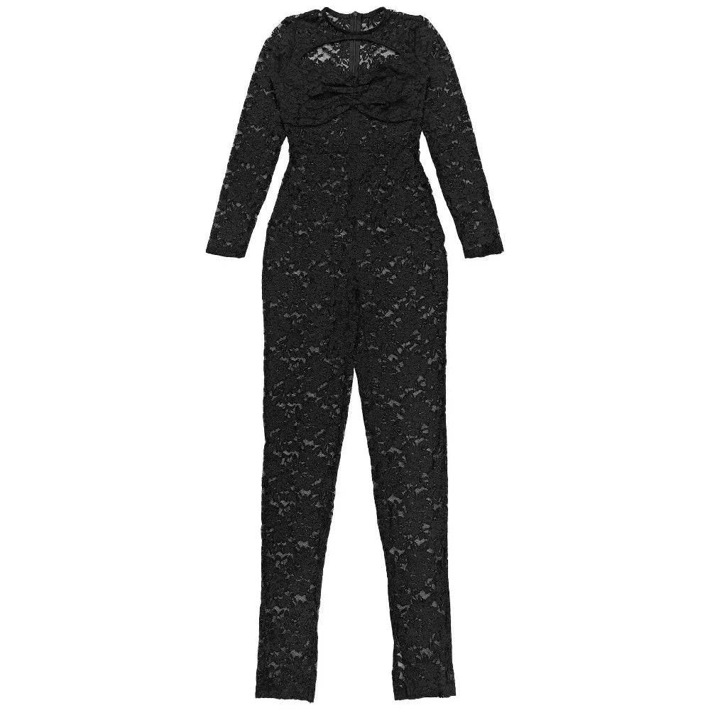 FLARORA Sexy Lace Hollow See Through Jumpsuits Woman O Neck Full Sleeve Peach Hip Slim Jumpsuit Midnight Party Clubwear Overalls