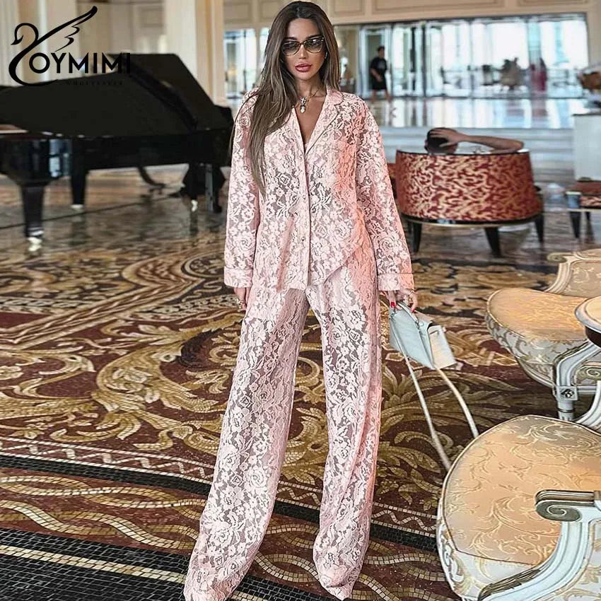 Oymimi Summer Pink Perspective Sets Womens 2 Piece Casual Long Sleeve Button Shirts And High Waist Straight Trousers Female Sets