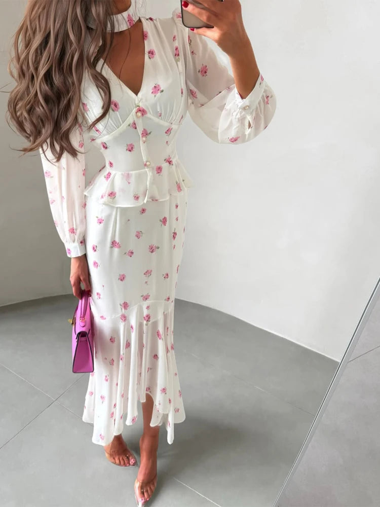 Women White Floral Print Maxi Dress V Neck Puff Sleeve Peplum Waist Fishtail Hem Chiffon Robe Elegant Party Wedding Guest Gown