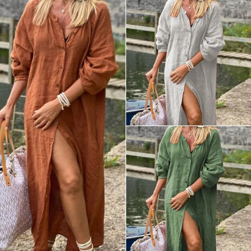 Vestido longo de algodão e linho, camisa com botões e decote em V, vestidos brancos, nova moda feminina, roupas elegantes e soltas