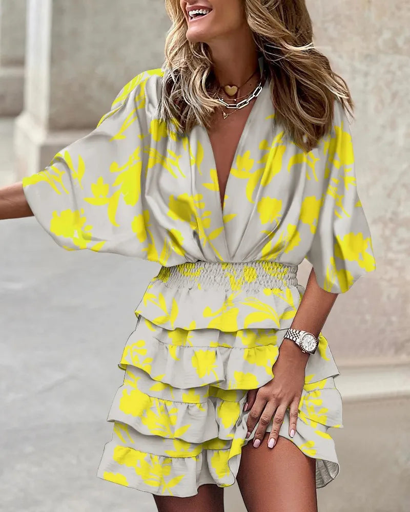 Print  Cross-border independent station fashion classic explosive autumn bat sleeve V-neck hemline irregular dress women's dress