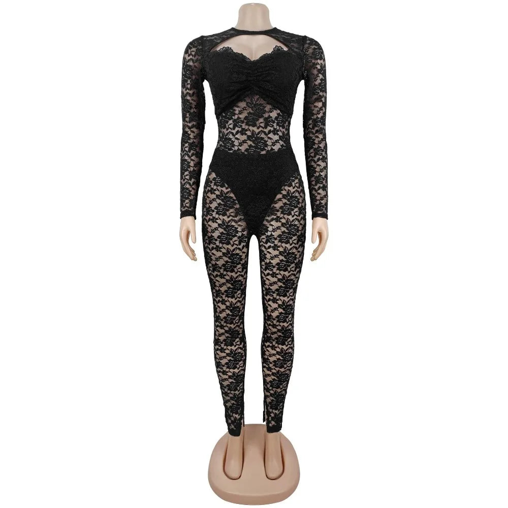 FLARORA Sexy Lace Hollow See Through Jumpsuits Woman O Neck Full Sleeve Peach Hip Slim Jumpsuit Midnight Party Clubwear Overalls