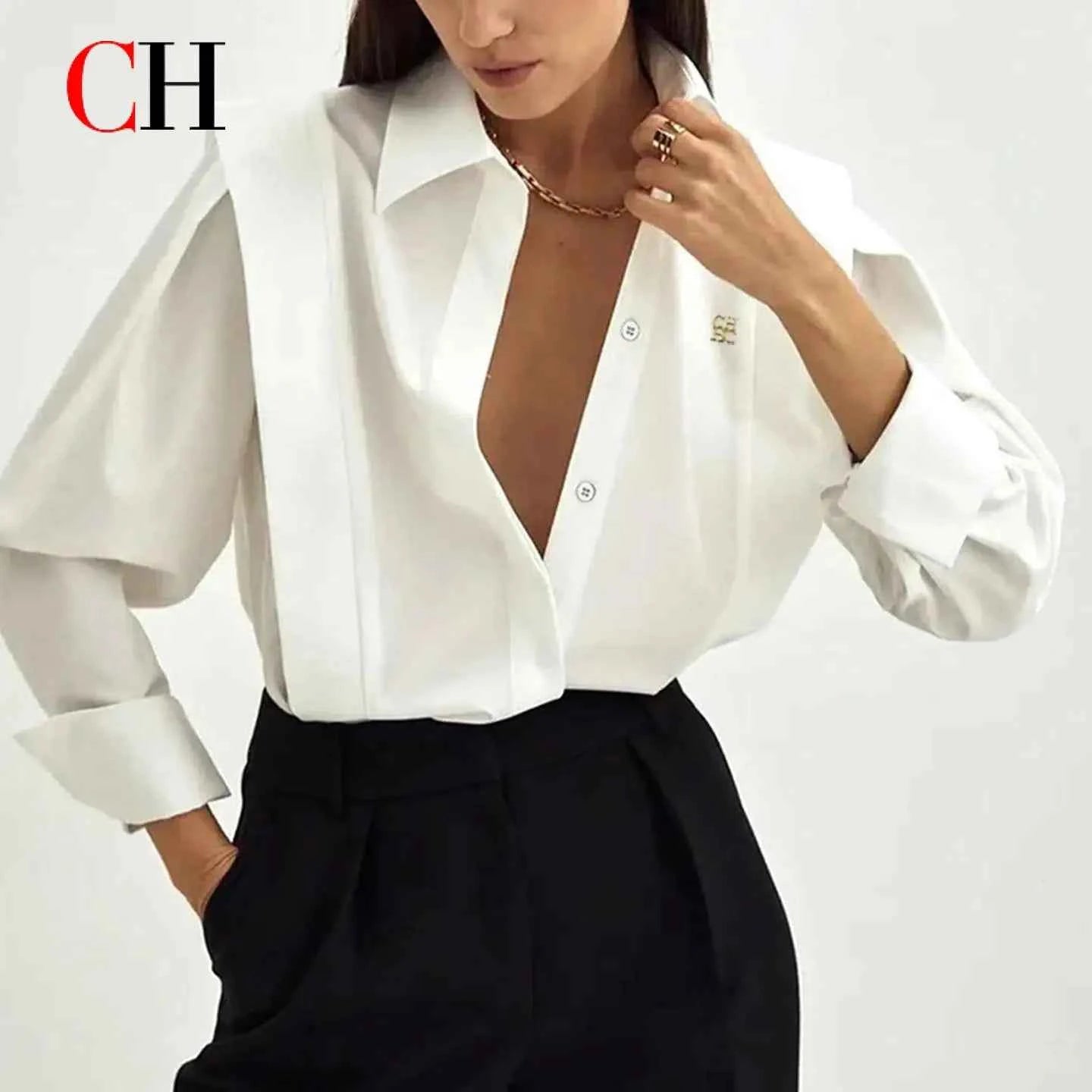 CH Womens CH Logo Embroidered Shirt Long Sleeve Structured Shoulder Office Blouse Fashion Button Down Top