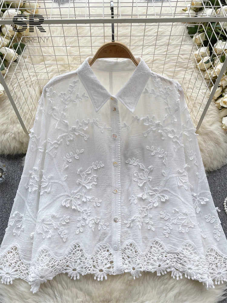 Camisa solta bordada SINGREINY feminina elegante retrô com lapela sólida manga comprida blusa feminina de alta qualidade moda verão