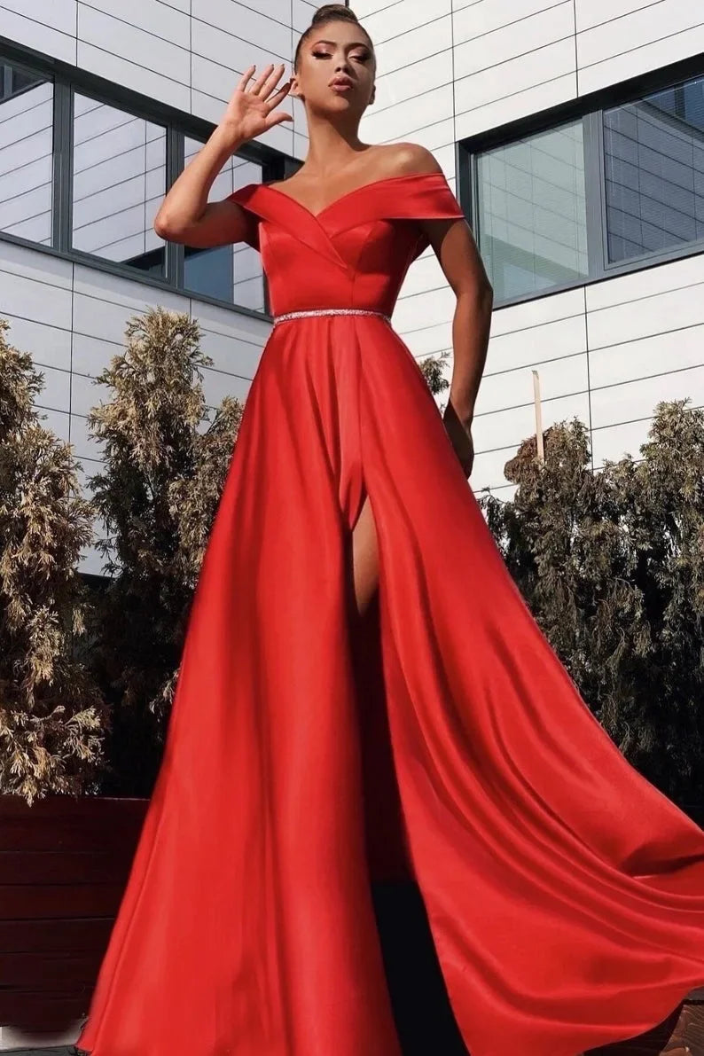 Popular Elegant Long Gowns Red A-Line Formal Party Evening Dresses V Neck Sexy Strapless Slit Satin Women's Wedding Dresses